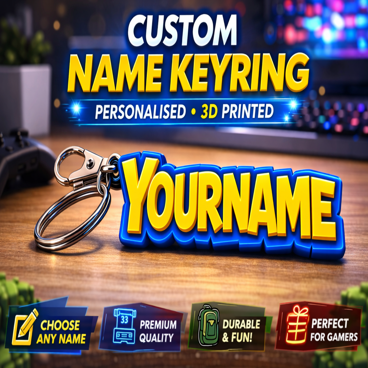 Gamer Inspired Name Keyring| Custom 3d Printed