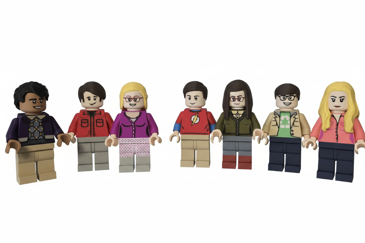 All 7 Big Bang Theory 3D printed minifigures on white background