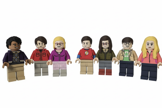 All 7 Big Bang Theory 3D printed minifigures on white background