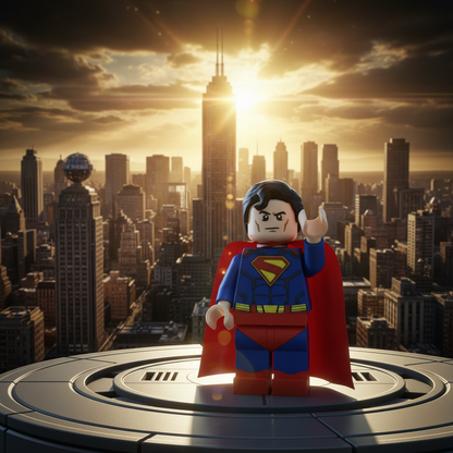 Superman 3D printed minifigure with dramatic Metropolis background