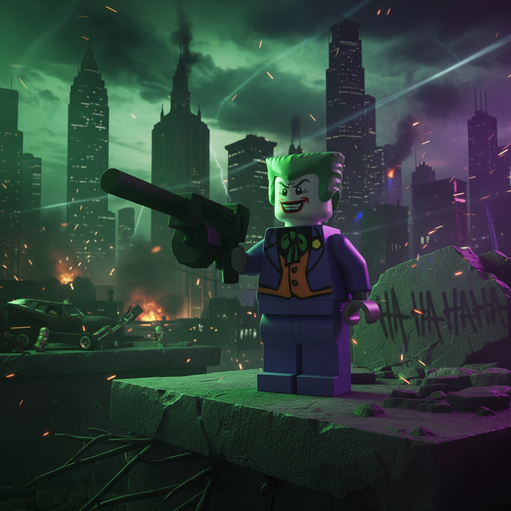 Joker 3D printed minifigure with dramatic Gotham City background